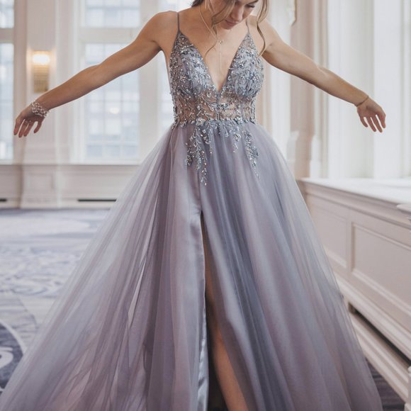 SMOKEY BLUE COLOR PROM PARTY Deep V-Neck Leg Slit Evening Dress ALA0672 - Picture 2 of 8